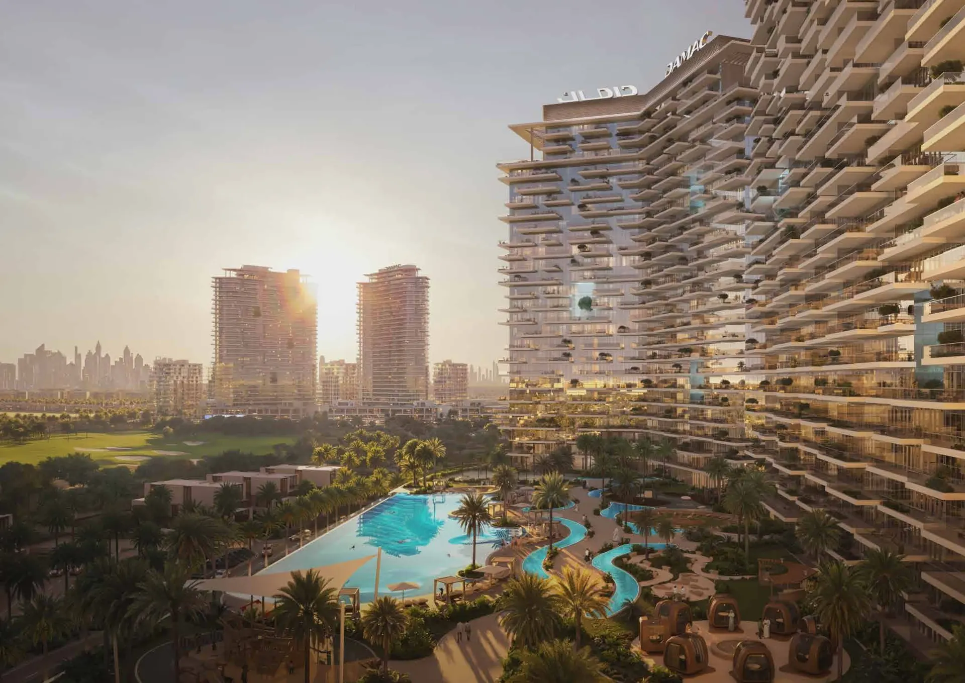 Pool deck at sunset at DAMAC District