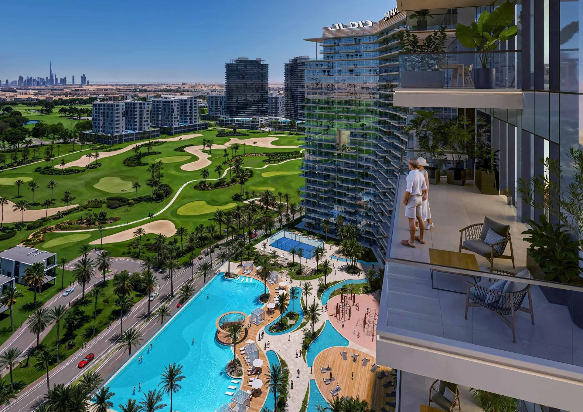 Balcony view over the golf course and pool deck at DAMAC District