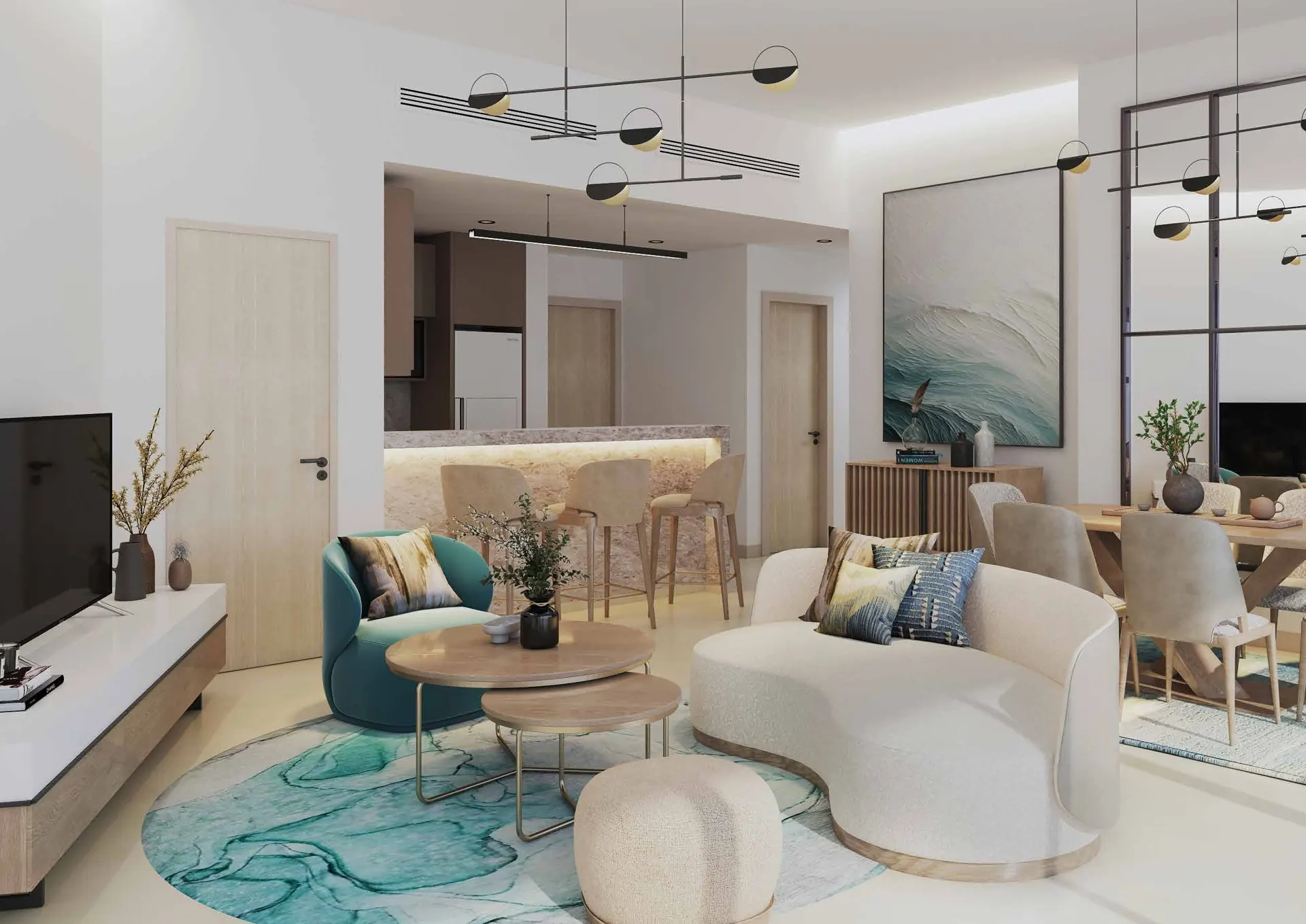 Living and dining room interior at DAMAC District