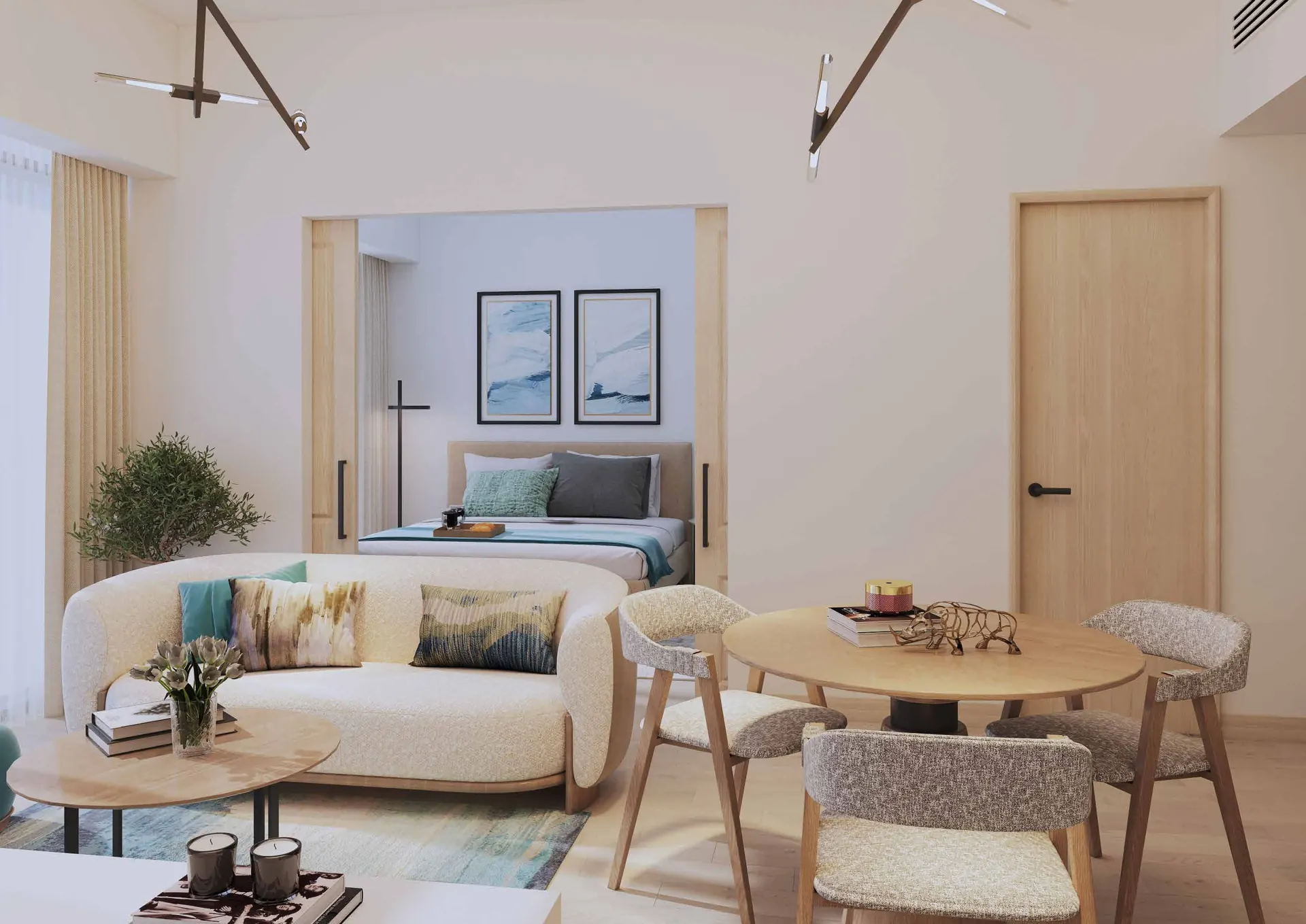 Living area with bedroom beyond at DAMAC District