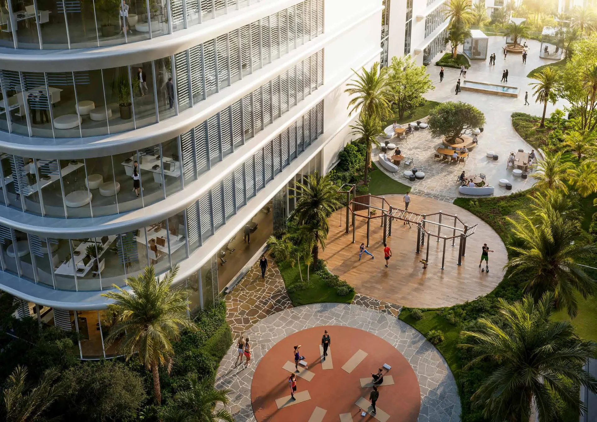 Wellness courtyard beside the office tower at DAMAC District