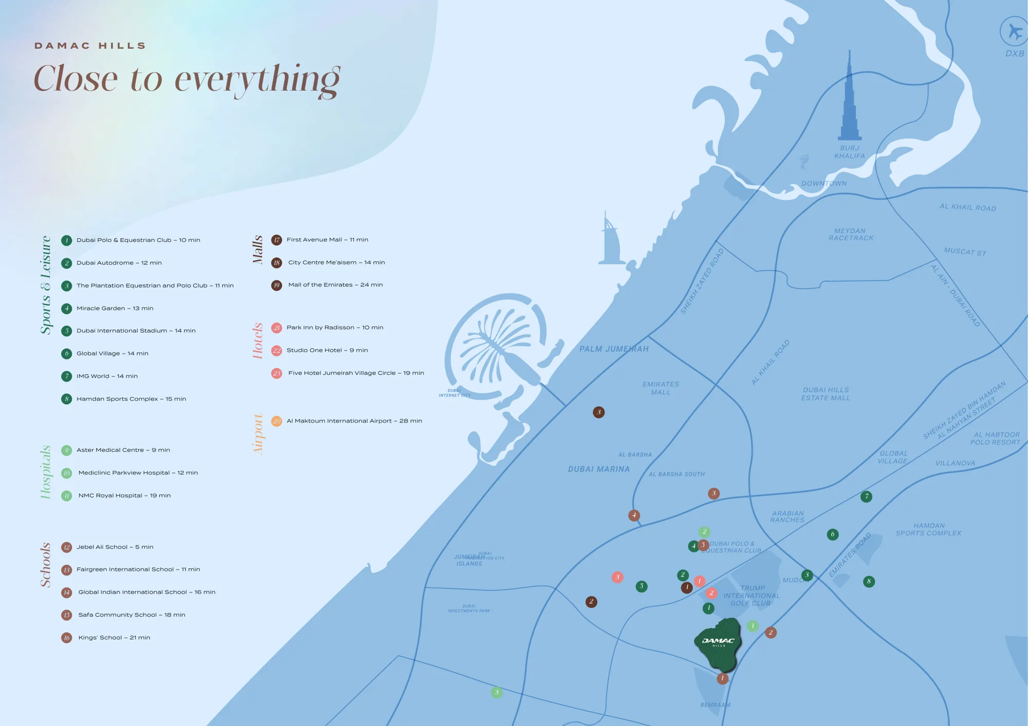 Map showing DAMAC Hills location and distances across Dubai