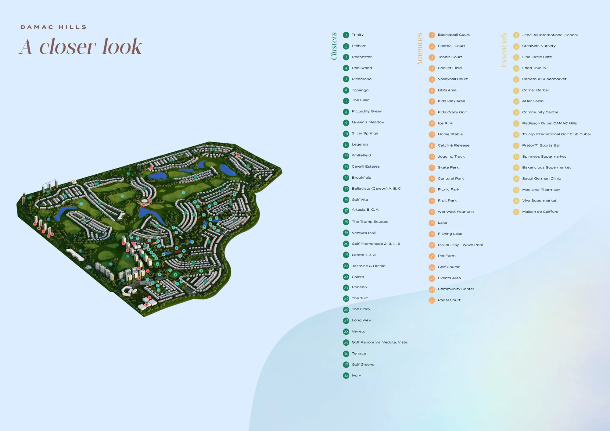DAMAC Hills masterplan showing clusters and amenities